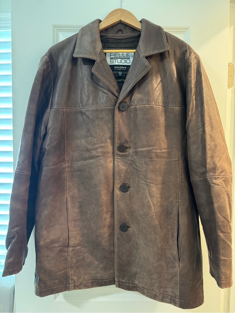 Pelle Studio Men's Brown Leather Button-Front Pea Coat